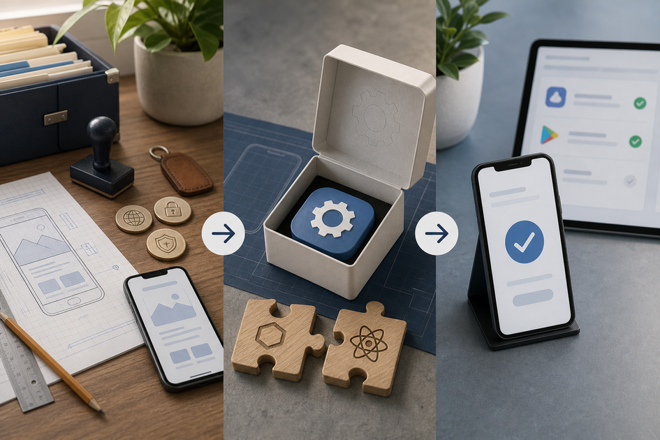 Flow diagram: prepare assets → package (Capacitor or Flutter/React Native) → TestFlight/Play internal testing.