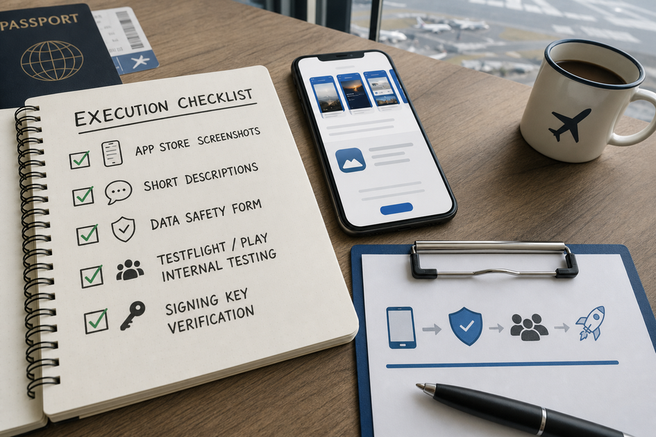 Checklist of App Store and Google Play submission steps: screenshots, Data Safety, TestFlight/internal track, signing keys.