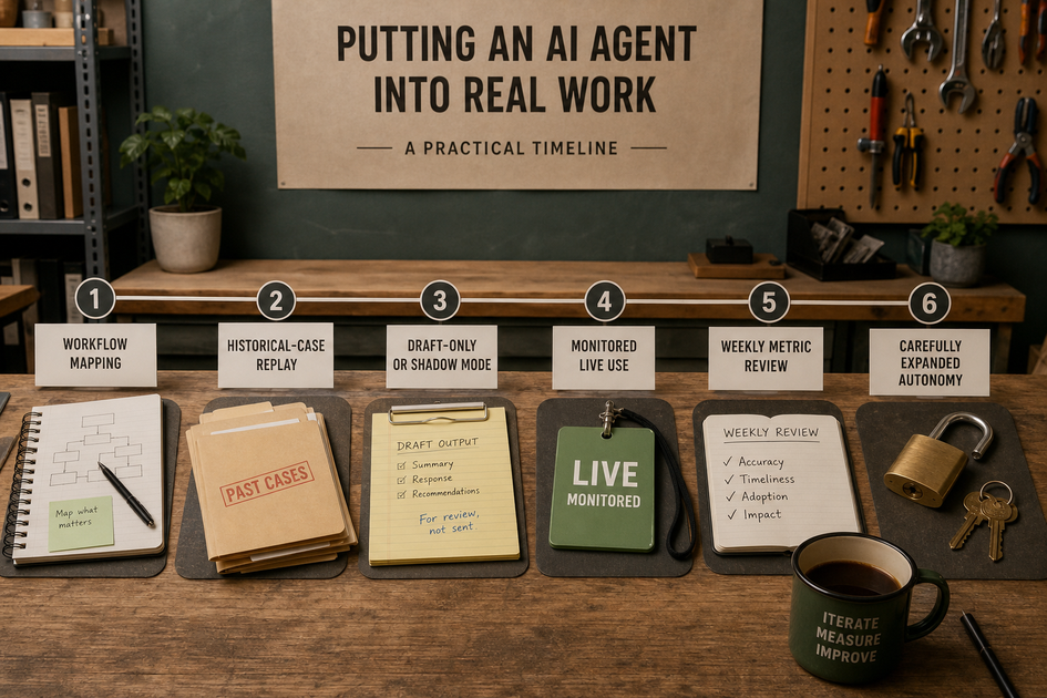 Timeline for launching an AI agent from workflow mapping through shadow testing and monitored rollout Timeline for launching an AI agent from workflow mapping through shadow testing and monitored rollout