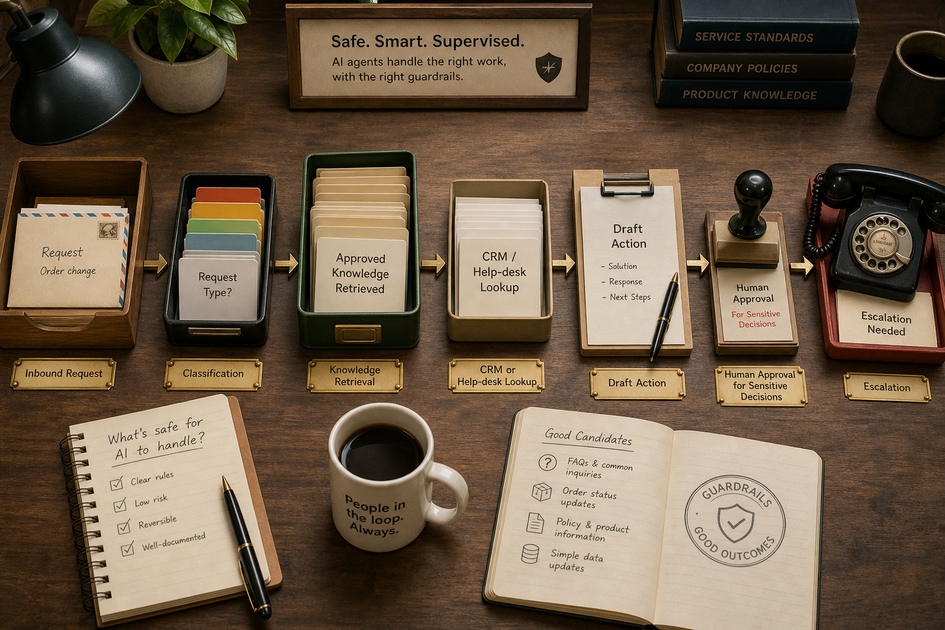 Supervised AI-agent process with approved data access, business tools, human approval, and exception escalation Supervised AI-agent process with approved data access, business tools, human approval, and exception escalation